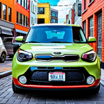 **

Kia Soul, compact car, urban setting, narrow street, quirky design, vibrant colors, easy parking, surrounded by city buildings, daytime.

**