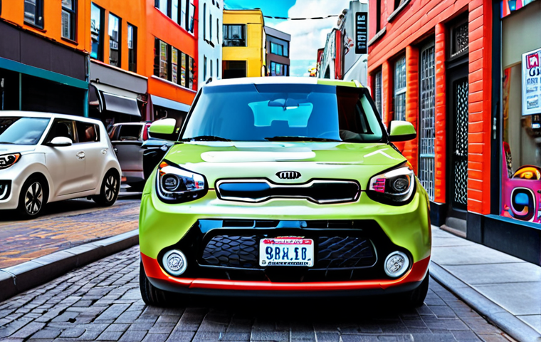 **
Kia Soul, compact car, urban setting, narrow street, quirky design, vibrant colors, easy parking, surrounded by city buildings, daytime.
**