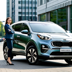 A professional woman, fully clothed in a modest business casual outfit, stands confidently beside a sleek, modern Kia Sportage Hybrid SUV in a sunlit urban setting. The car's design emphasizes its eco-friendly nature. In the background, a bustling city street with clean architecture and green spaces. The image conveys efficiency and quiet innovation. Safe for work, appropriate content, fully clothed, perfect anatomy, correct proportions, natural pose, well-formed hands, proper finger count, natural body proportions, professional photography, high quality, family-friendly.