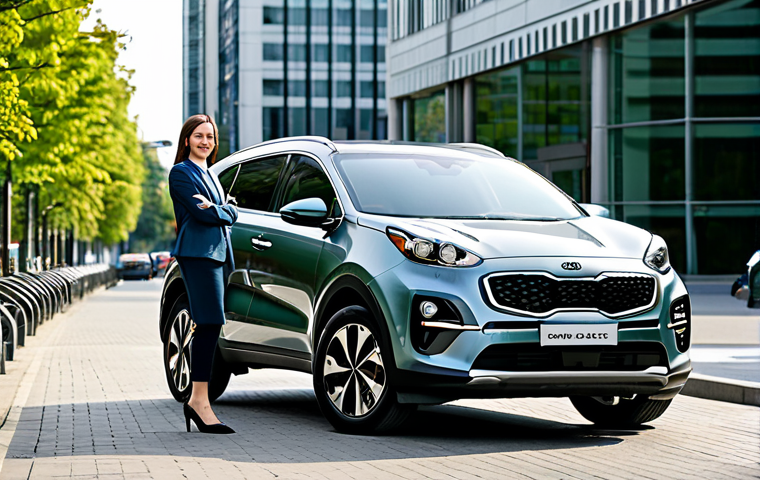 A professional woman, fully clothed in a modest business casual outfit, stands confidently beside a sleek, modern Kia Sportage Hybrid SUV in a sunlit urban setting. The car's design emphasizes its eco-friendly nature. In the background, a bustling city street with clean architecture and green spaces. The image conveys efficiency and quiet innovation. Safe for work, appropriate content, fully clothed, perfect anatomy, correct proportions, natural pose, well-formed hands, proper finger count, natural body proportions, professional photography, high quality, family-friendly.